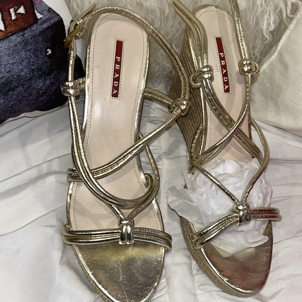 PRADA Gold Leather Strappy Wedged Sandals-39.5